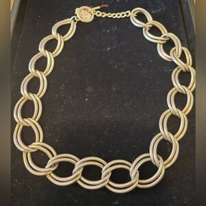 Silver-Tone Double Linked Circle Necklace - Elegant Statement Chain